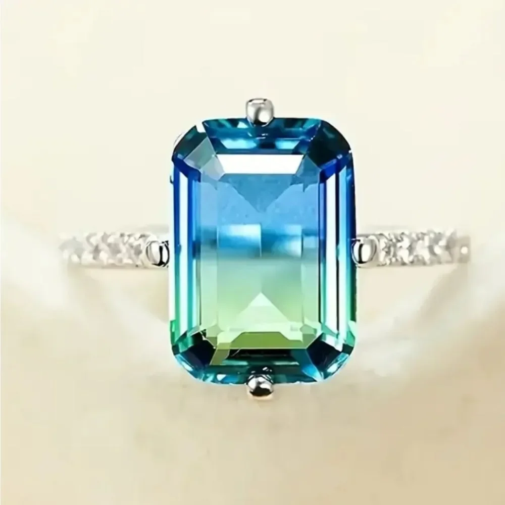 Blue/Green Tourmaline Ring, 14K White Gold Plated Double Color Gemstone Sz 6